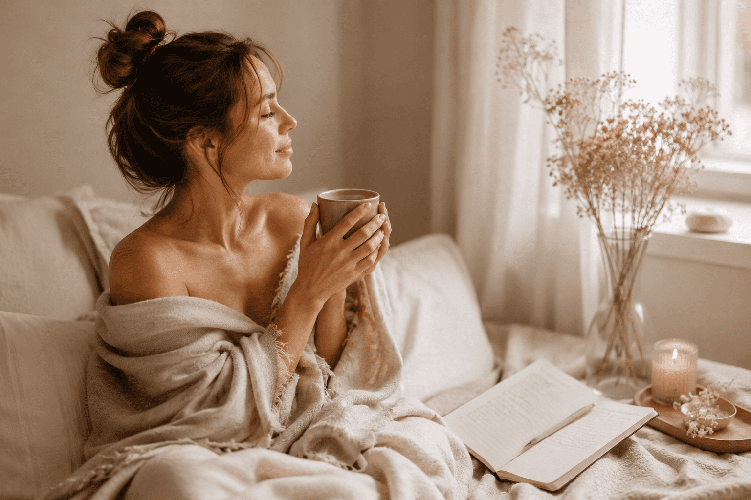 Žena v jemné slow living atmosféře s čajem a deníkem